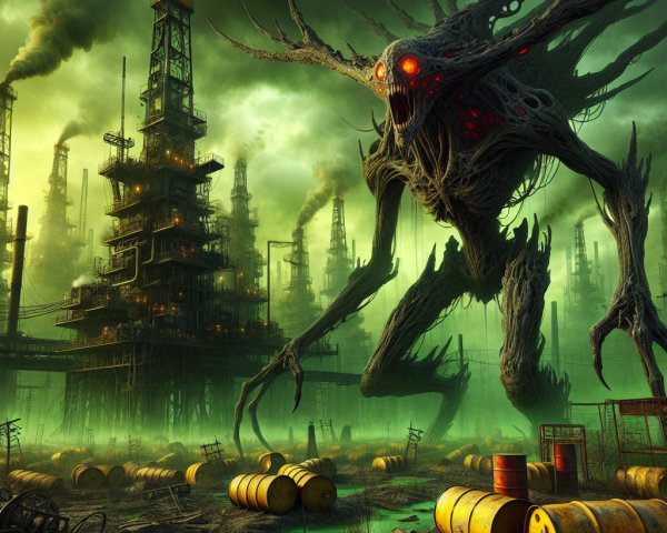 Monstrous Figure in Polluted Industrial Landscape