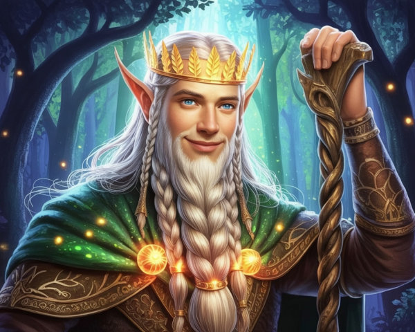 Regal Elf in Mystical Forest with Glowing Orbs