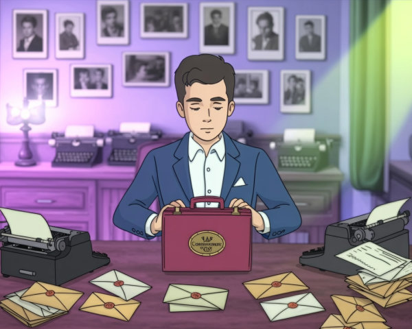 Vintage Office Scene with Young Man and Briefcase