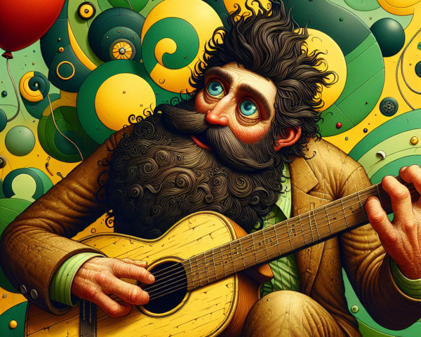 Whimsical Character with Guitar in Colorful Setting
