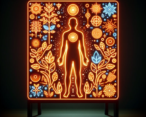 Neon Artwork of Human Form with Plants and Celestial Symbols