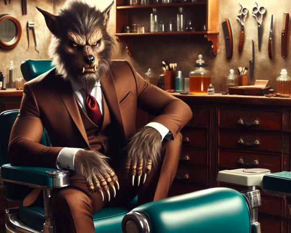 Werewolf in Suit in Vintage Barbershop Setting