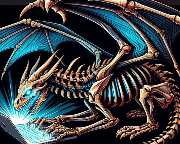 Skeletal Dragon with Blue Wings Over Laptop Scene