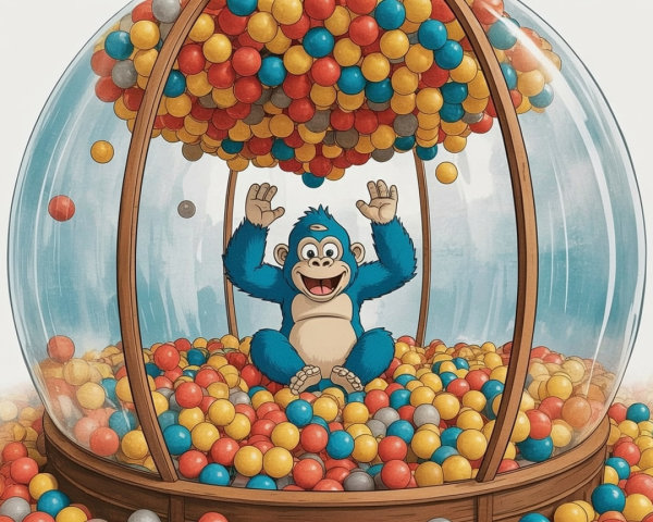 Blue Gorilla in Transparent Dome with Colorful Balls