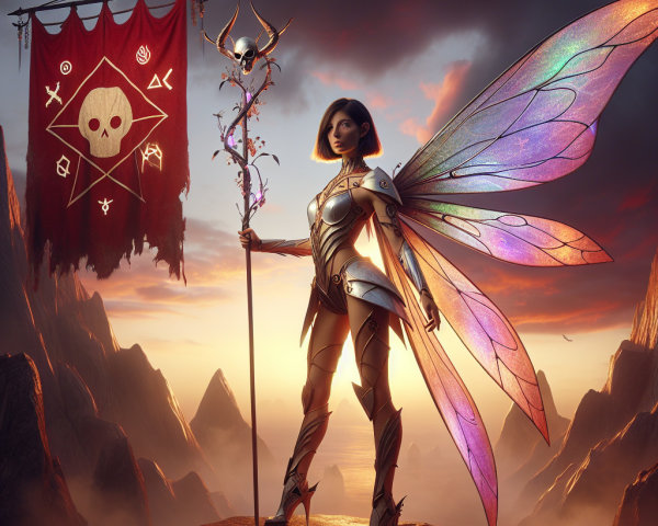 Futuristic Warrior in Silver Armor with Wings and Banner