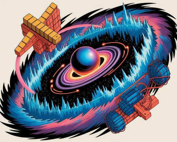 Vibrant Cosmic Scene with Planet and Spacecraft