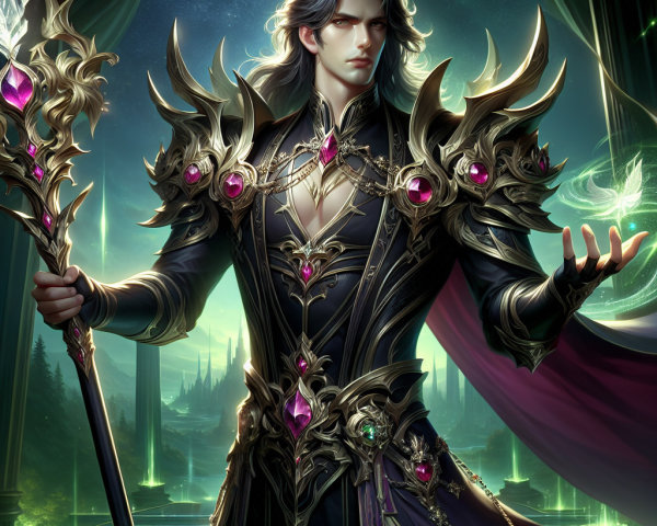 Confident Figure in Dark Ensemble with Magical Background