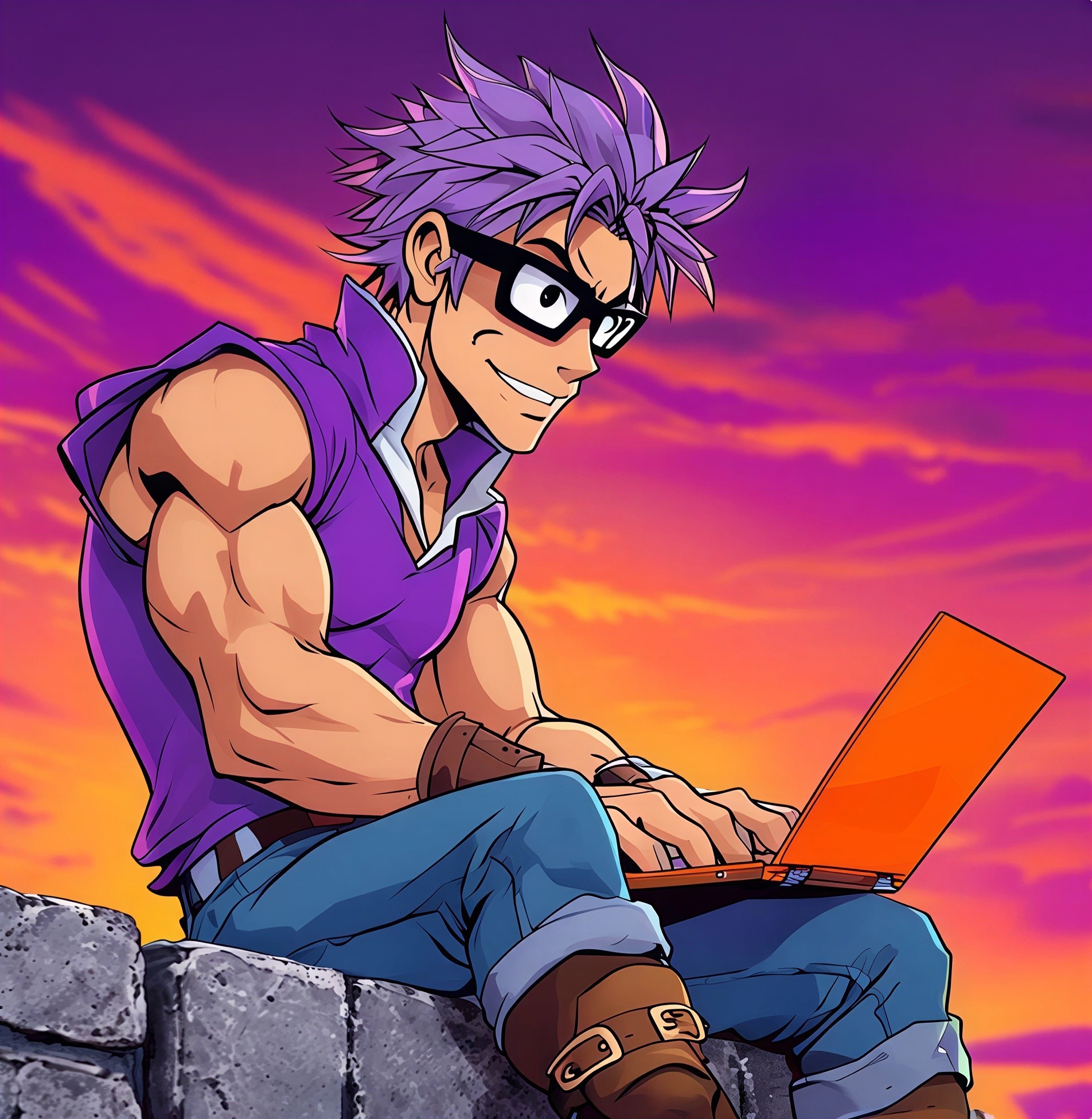 Muscular Young Man with Purple Hair at Sunset