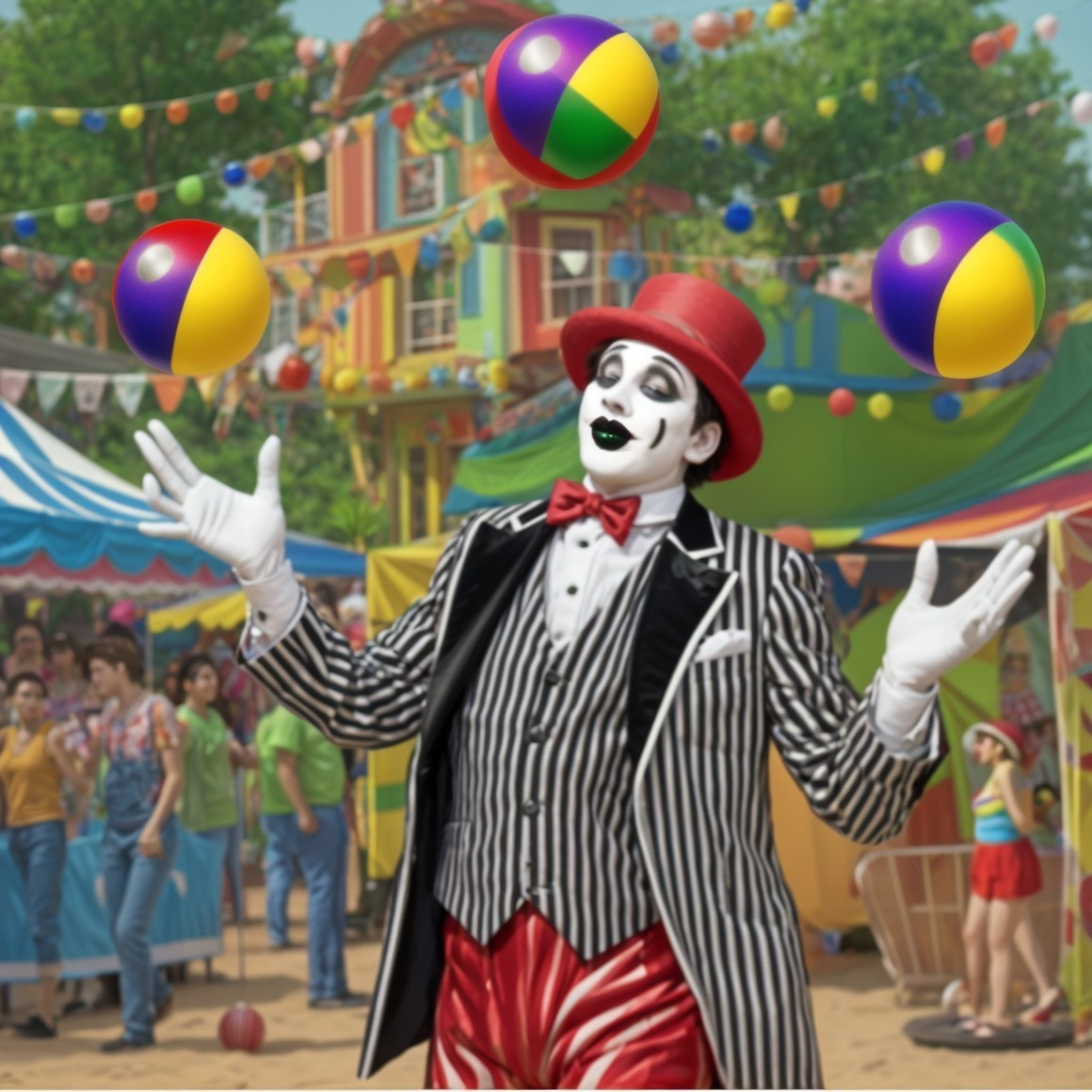 Whimsical Clown Juggling Beach Balls at Carnival