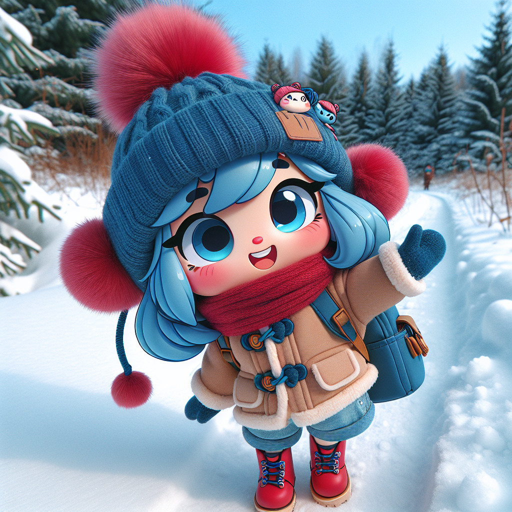 Chibi Character in Winter Attire on Snowy Path