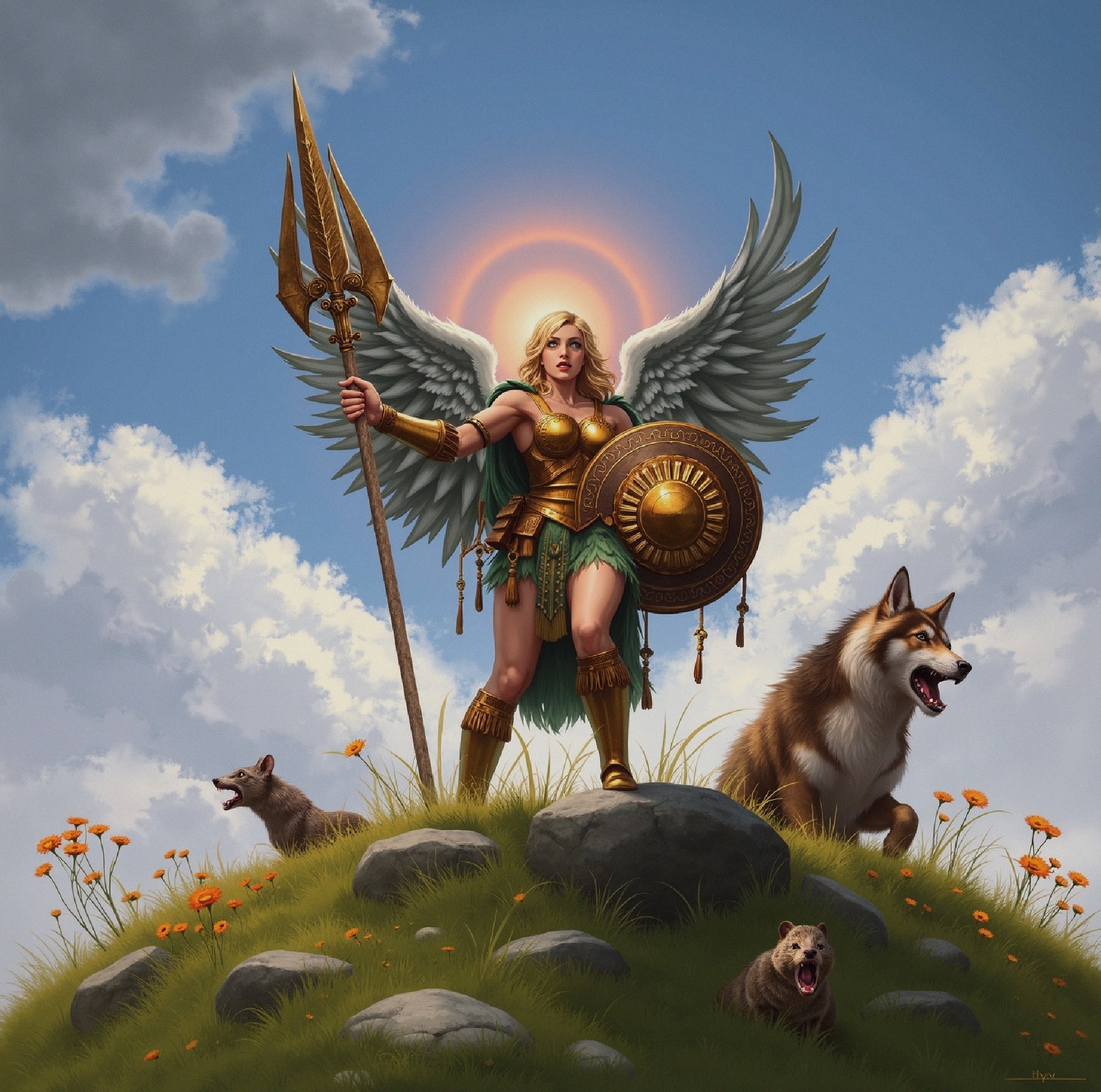 Warrior in Golden Armor on Grassy Hill with Animals