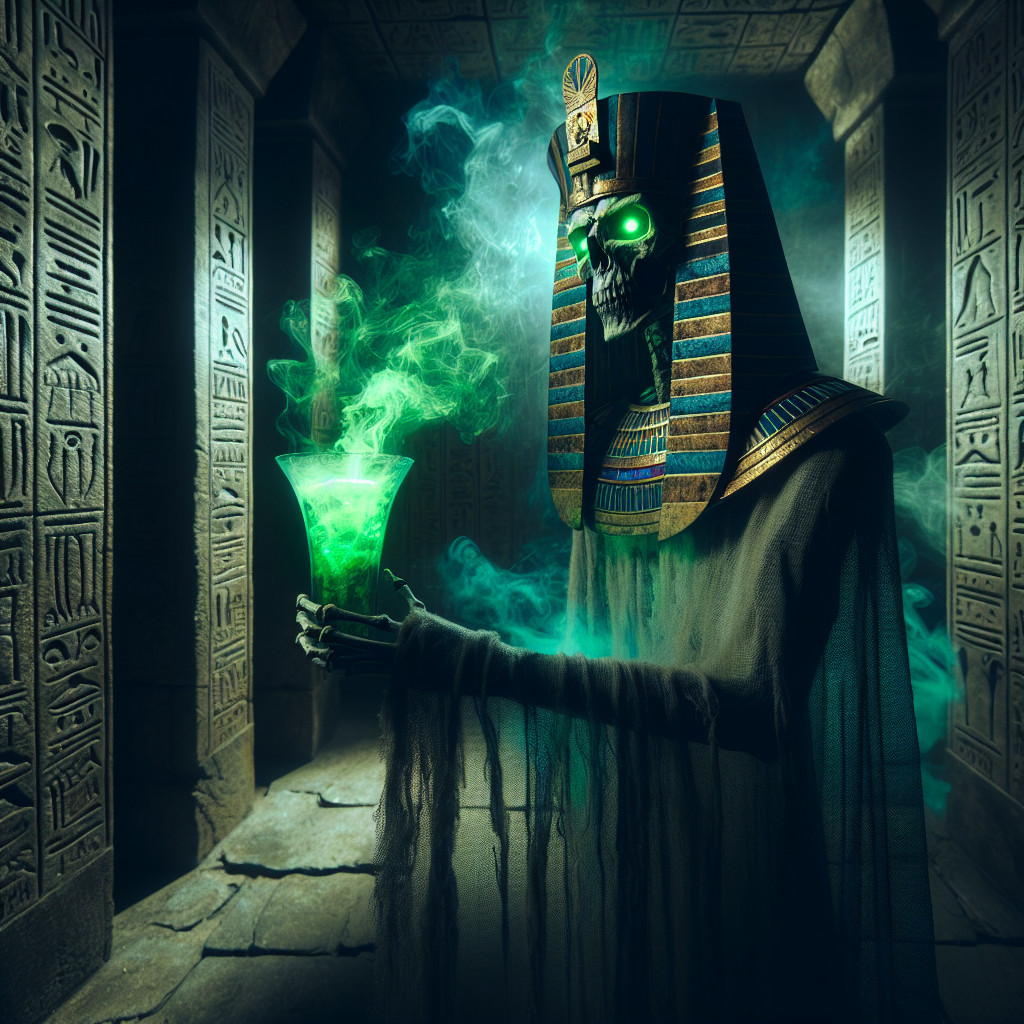 Mysterious Skeleton in Pharaoh Headdress in Tomb