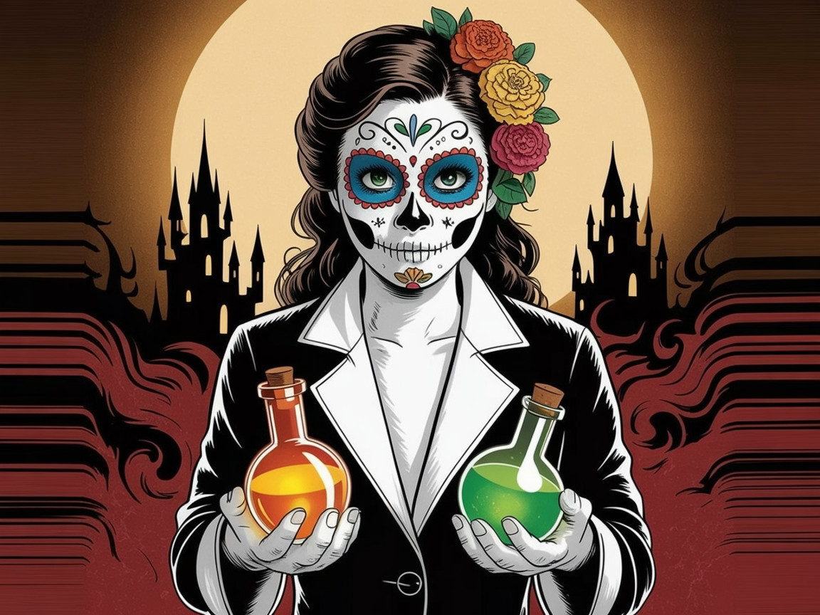 Elegant Figure with Floral Hair and Skull Face