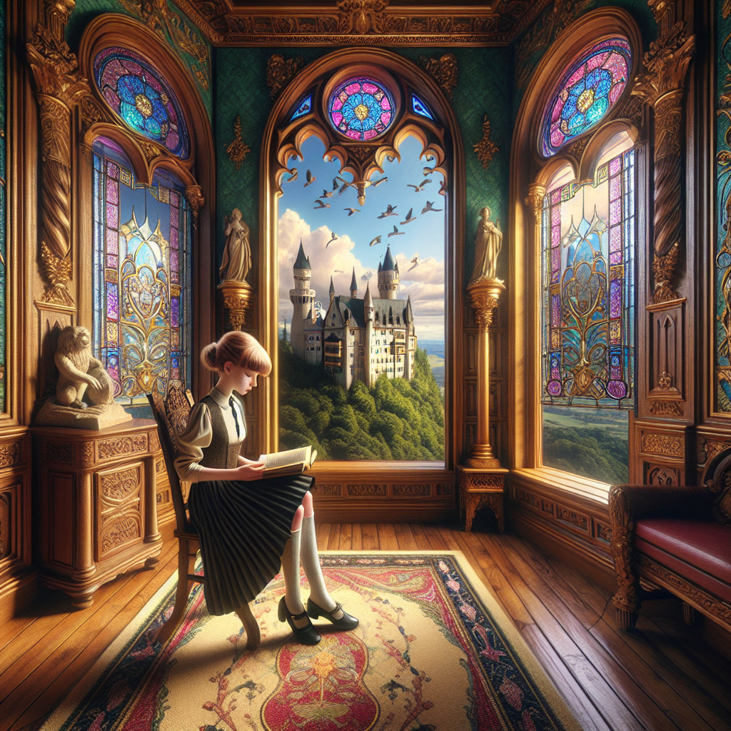 Young Girl Reading in Ornate Room with Stained Glass