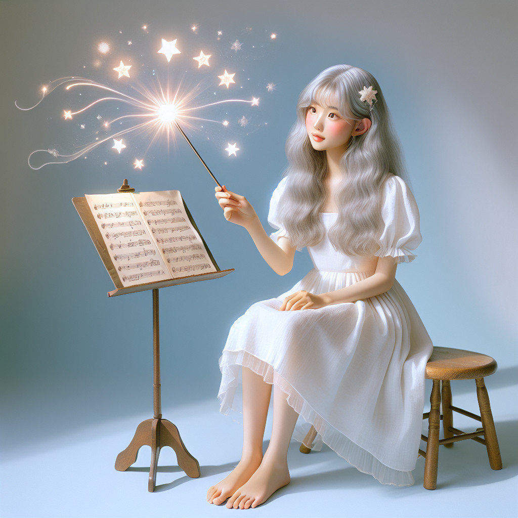 Young girl with silver hair in whimsical scene