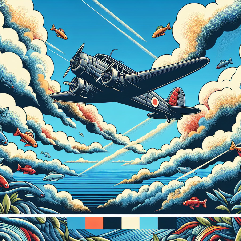 Vintage Airplane and Colorful Fish in Surreal Scene