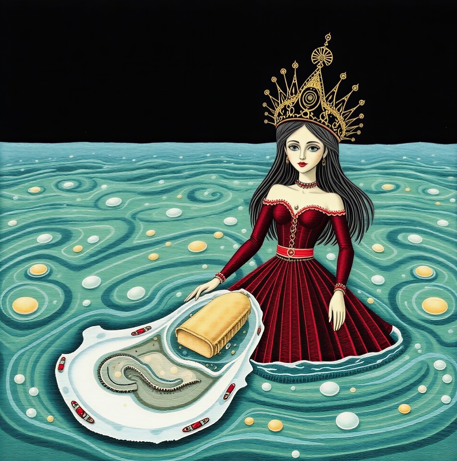 Majestic figure in red gown floating on turquoise waters