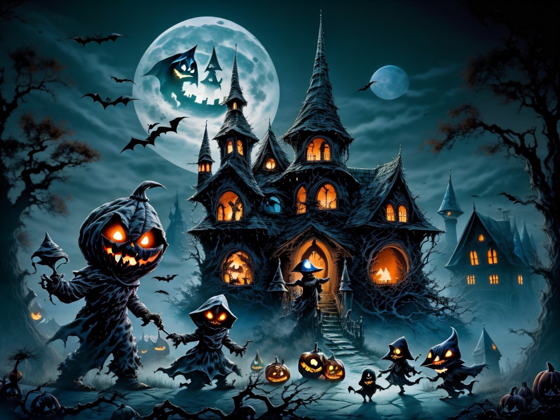 Whimsical Halloween Scene with Haunted House and Figures