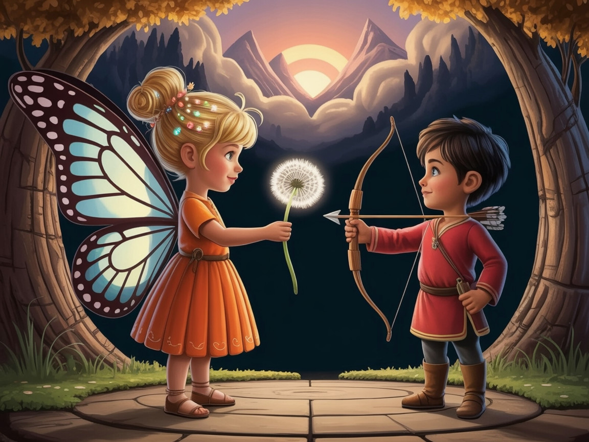 Fairy and Boy in Enchanted Forest at Sunset