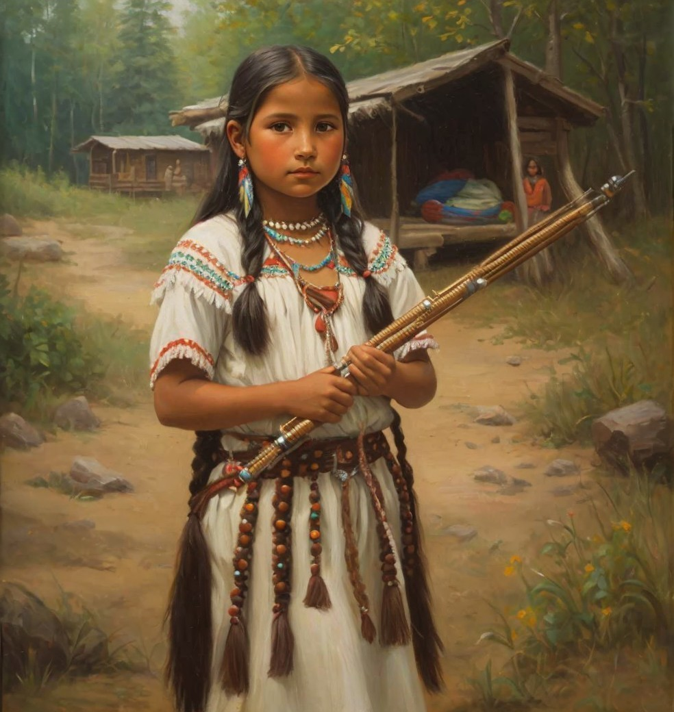 Young girl in traditional attire in forest clearing