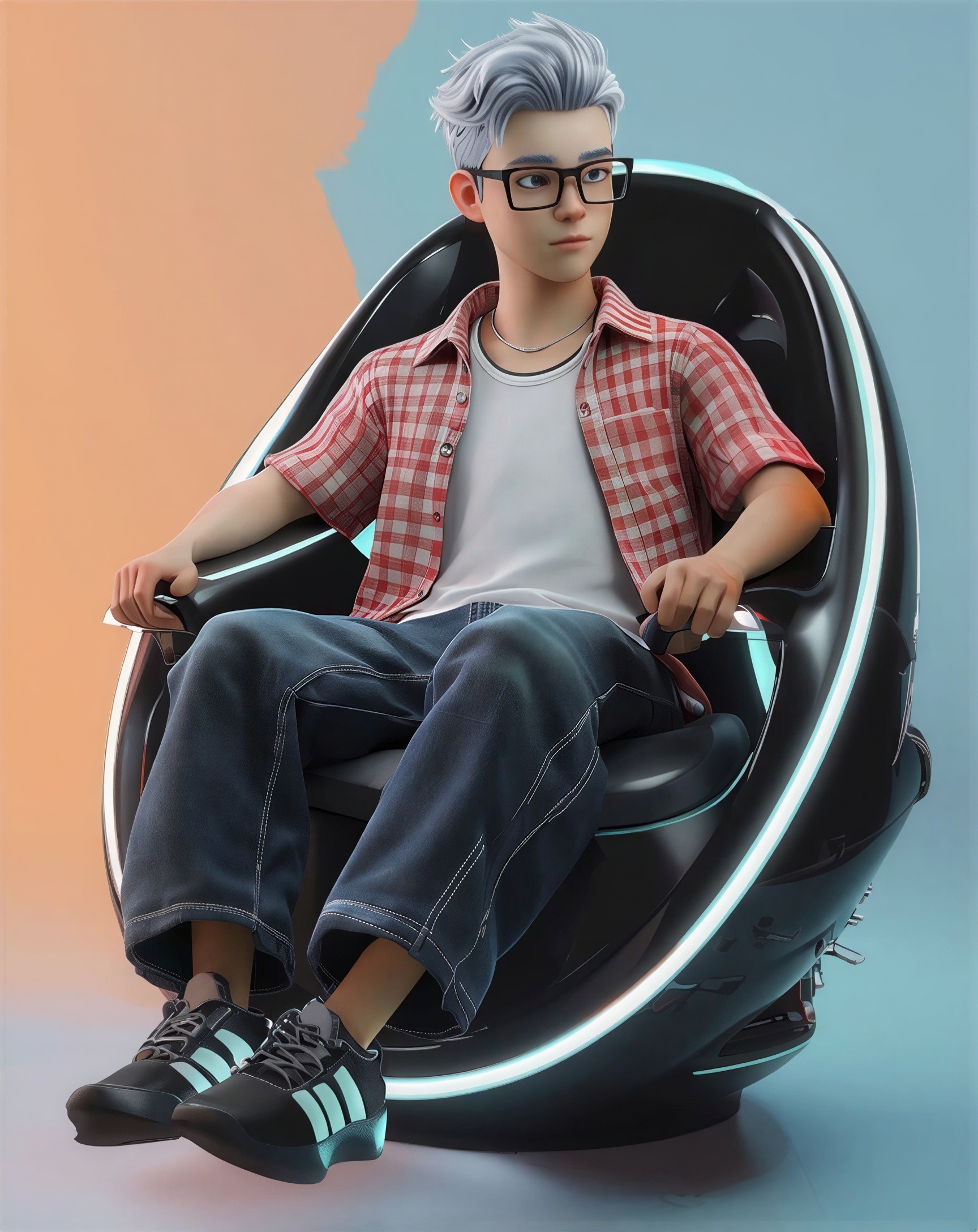 Stylized Character in Futuristic Chair with Gradient Background