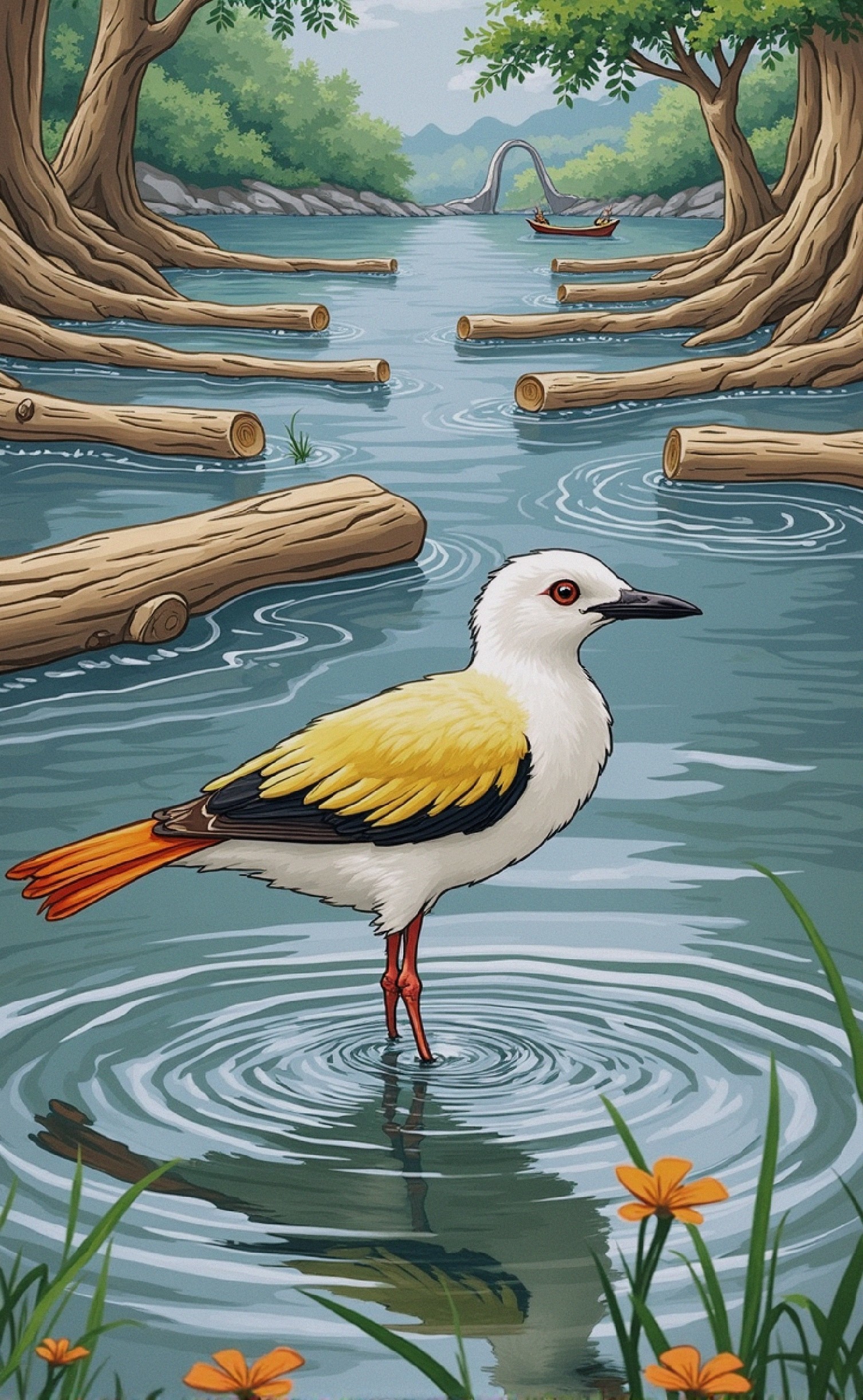Serene River Scene with Bird and Lush Greenery