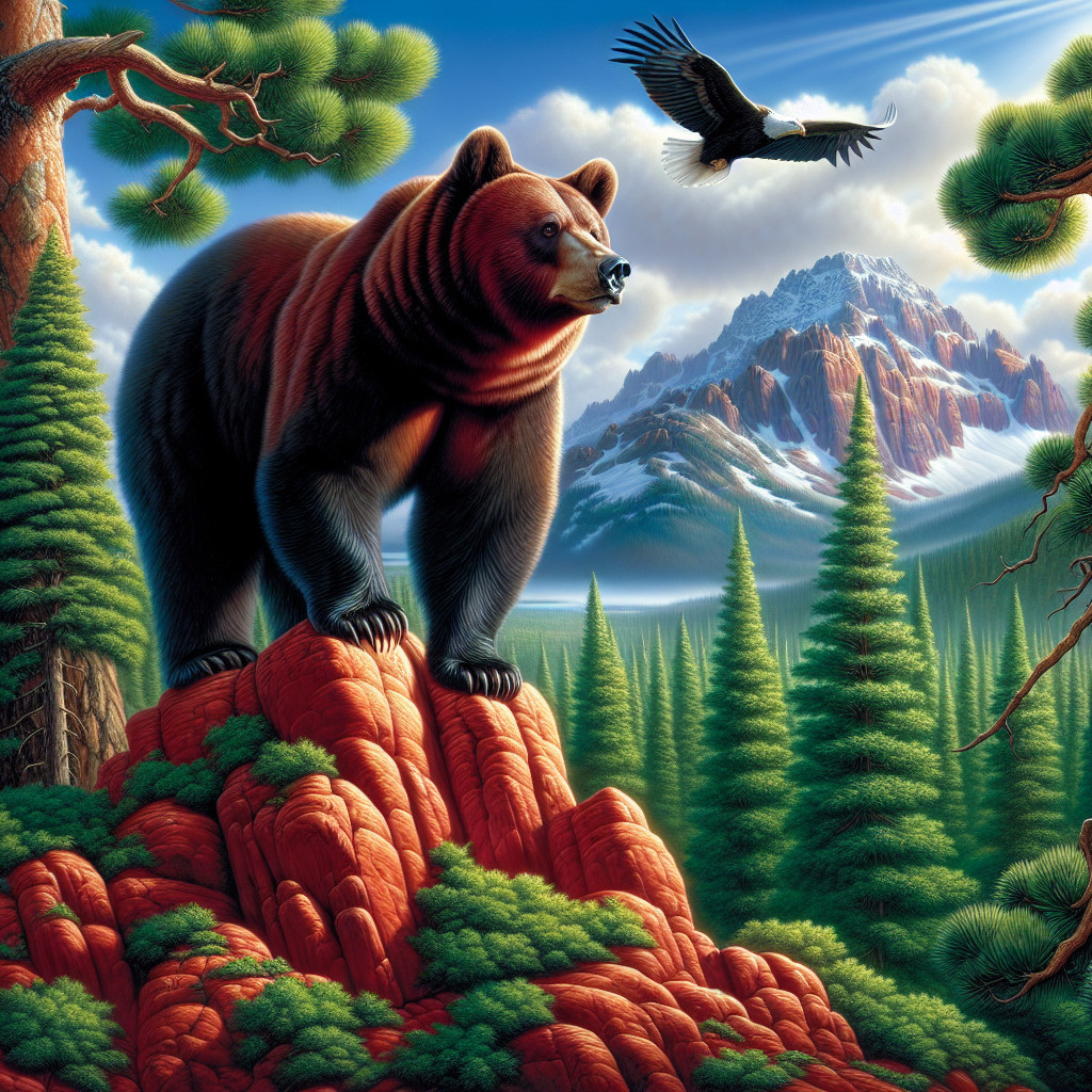 Grizzly Bear Overlooks Lush Forest and Mountainscape