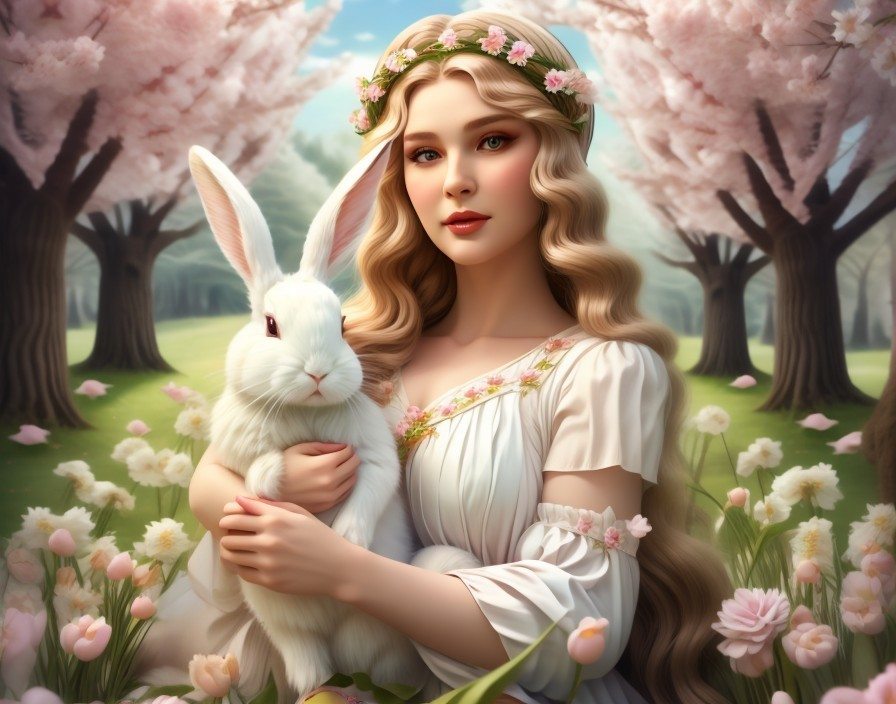 Young Woman with Rabbit in Spring Landscape