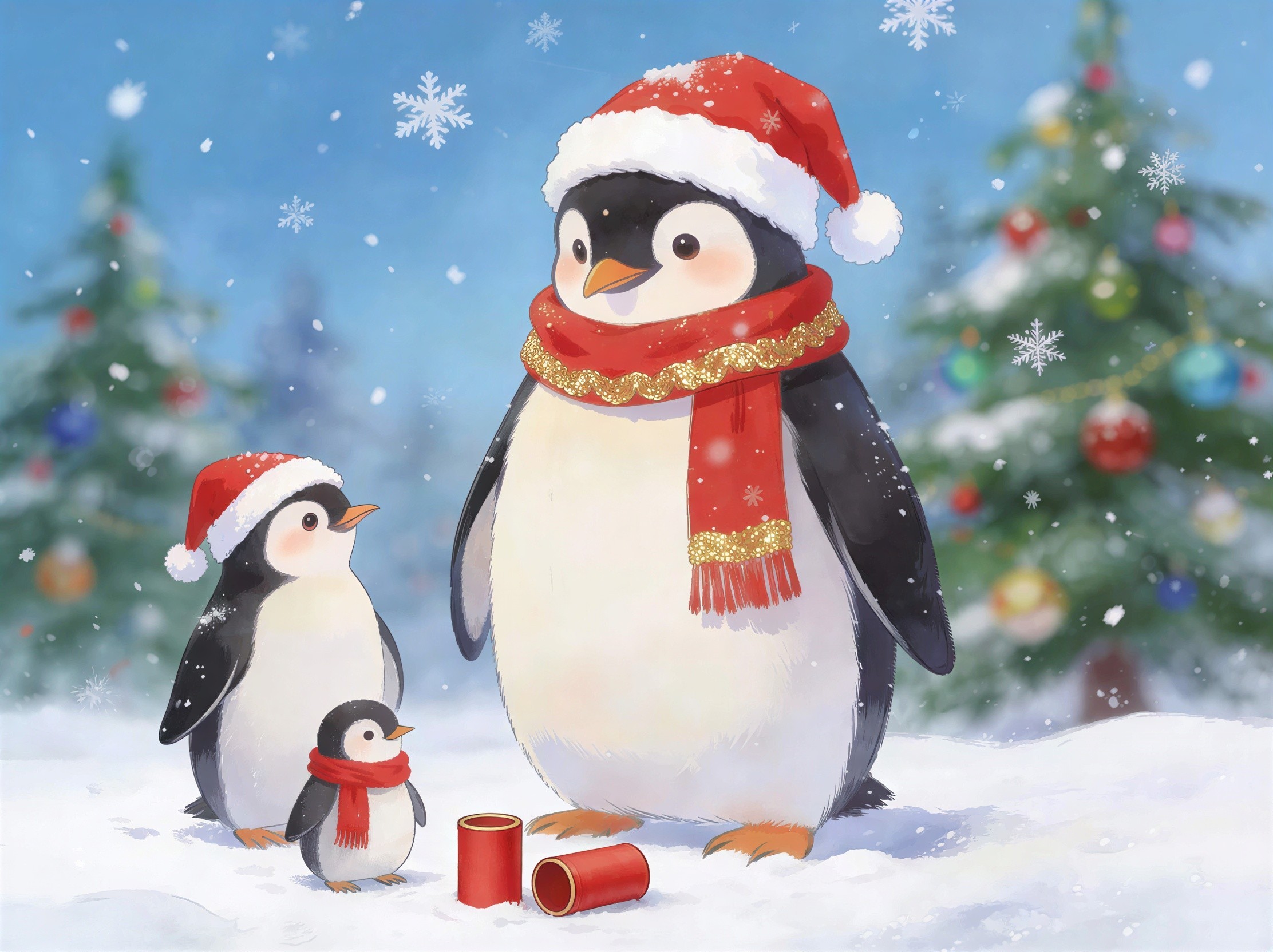 Cartoon penguins in Santa hats in a snowy landscape