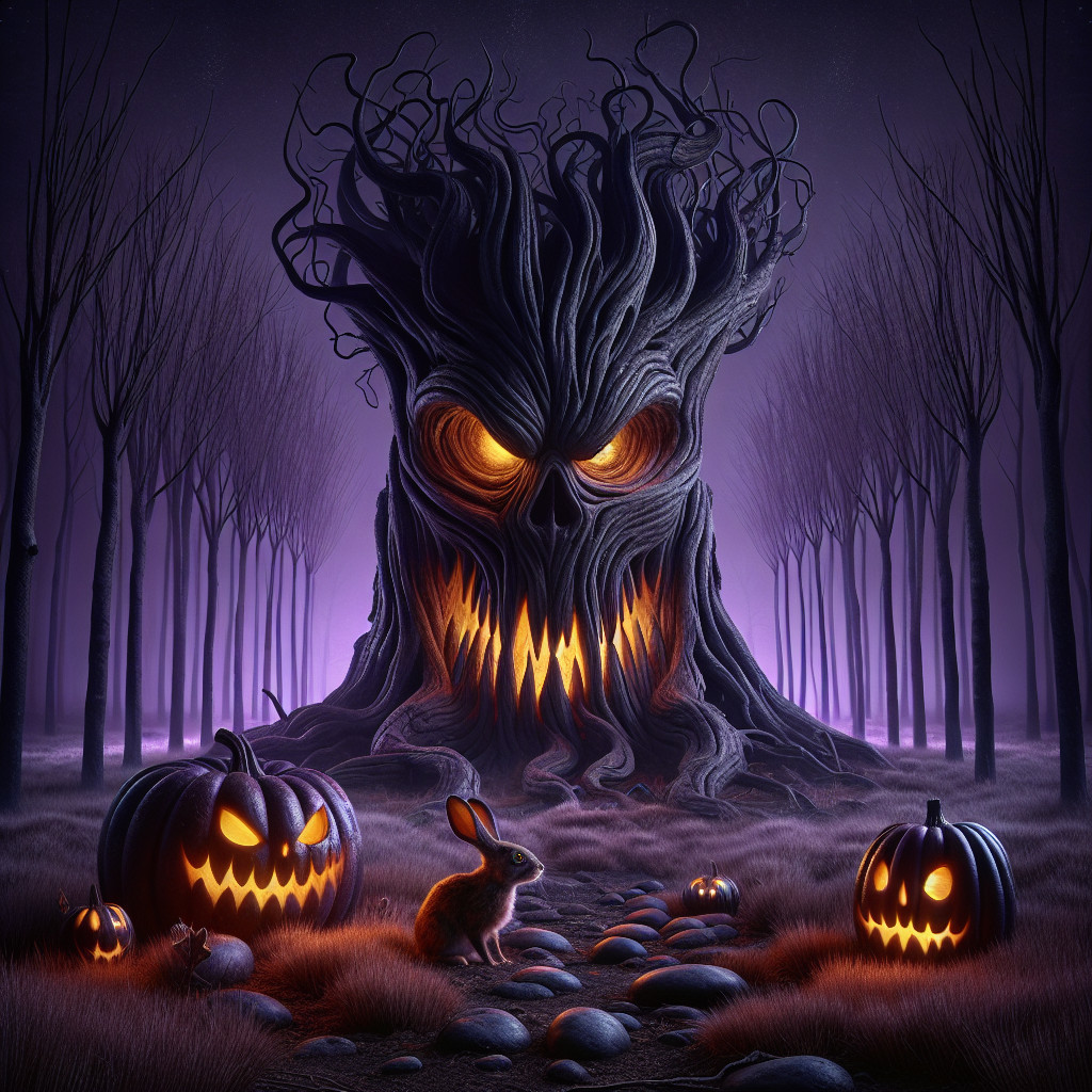 Colossal Twisted Tree in a Misty Halloween Forest