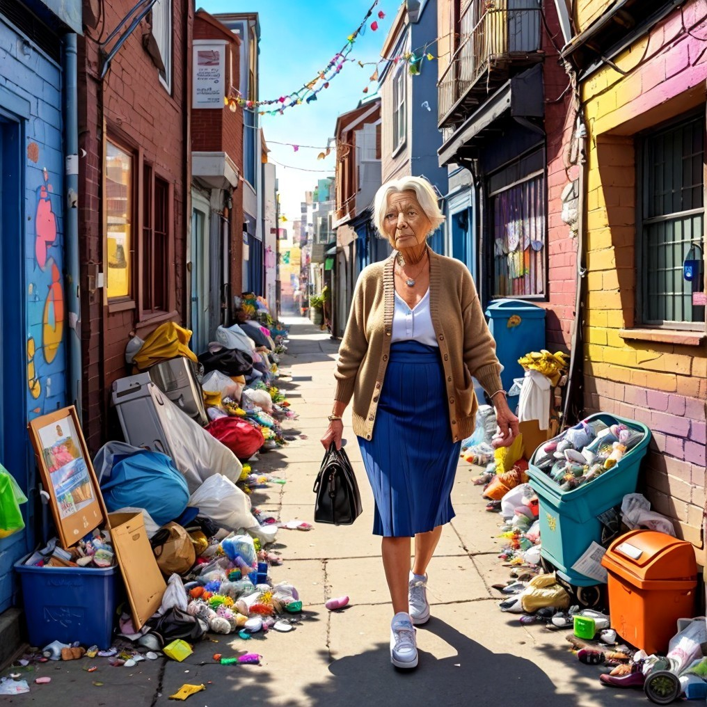 Elderly Woman in Colorful Alley with Urban Decay