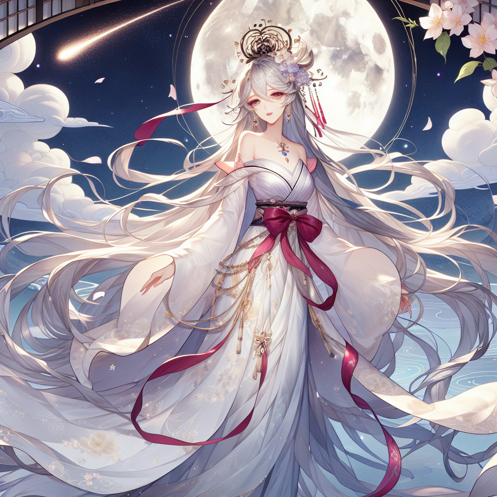 Serene figure in white kimono under full moonlight