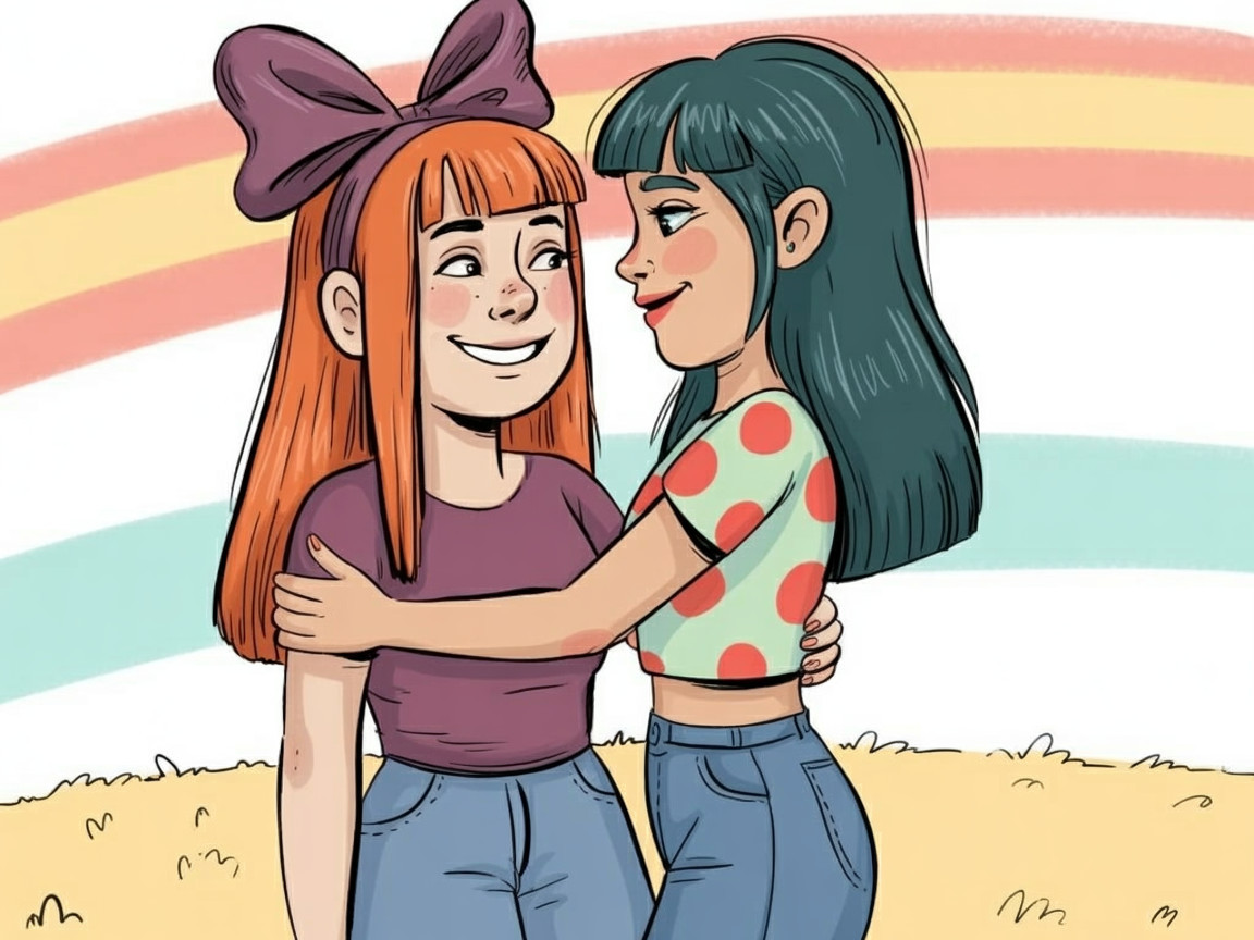 Animated Girls Embracing in a Colorful Setting