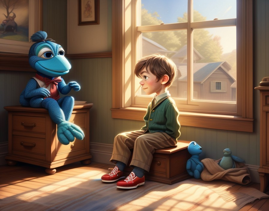 Young boy interacts with blue puppet in cozy room