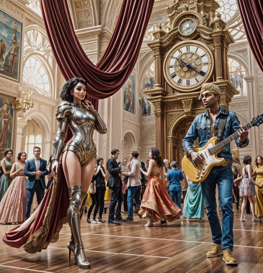 Heroic Figure in Armor Amidst Elegant Hall Scene