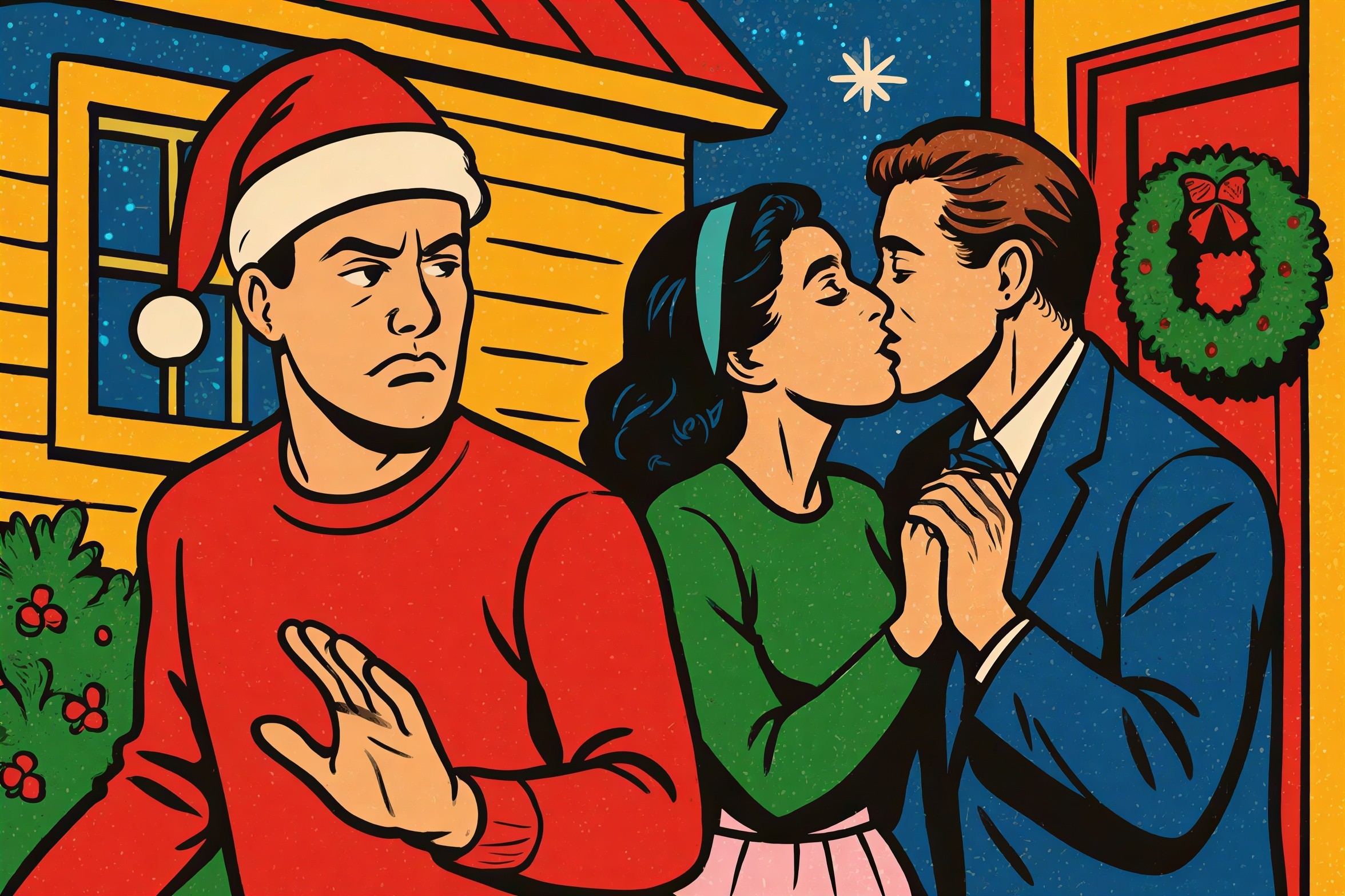 Neo-vintage pop art Christmas scene with characters