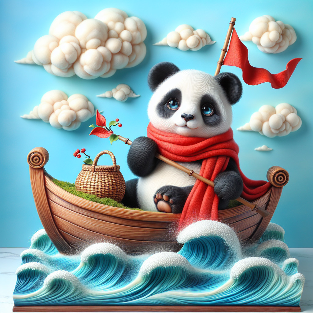 Panda in a Boat with Flowers and Scenic Background