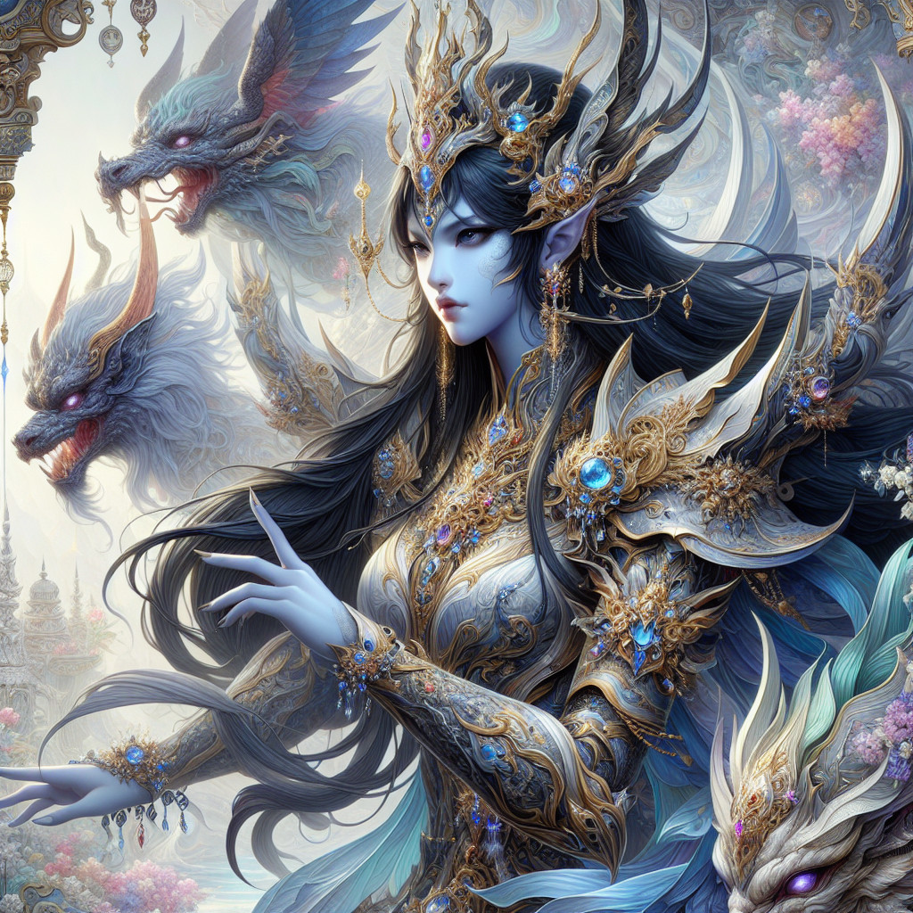 Mythical queen in ornate armor with dragon-like creatures