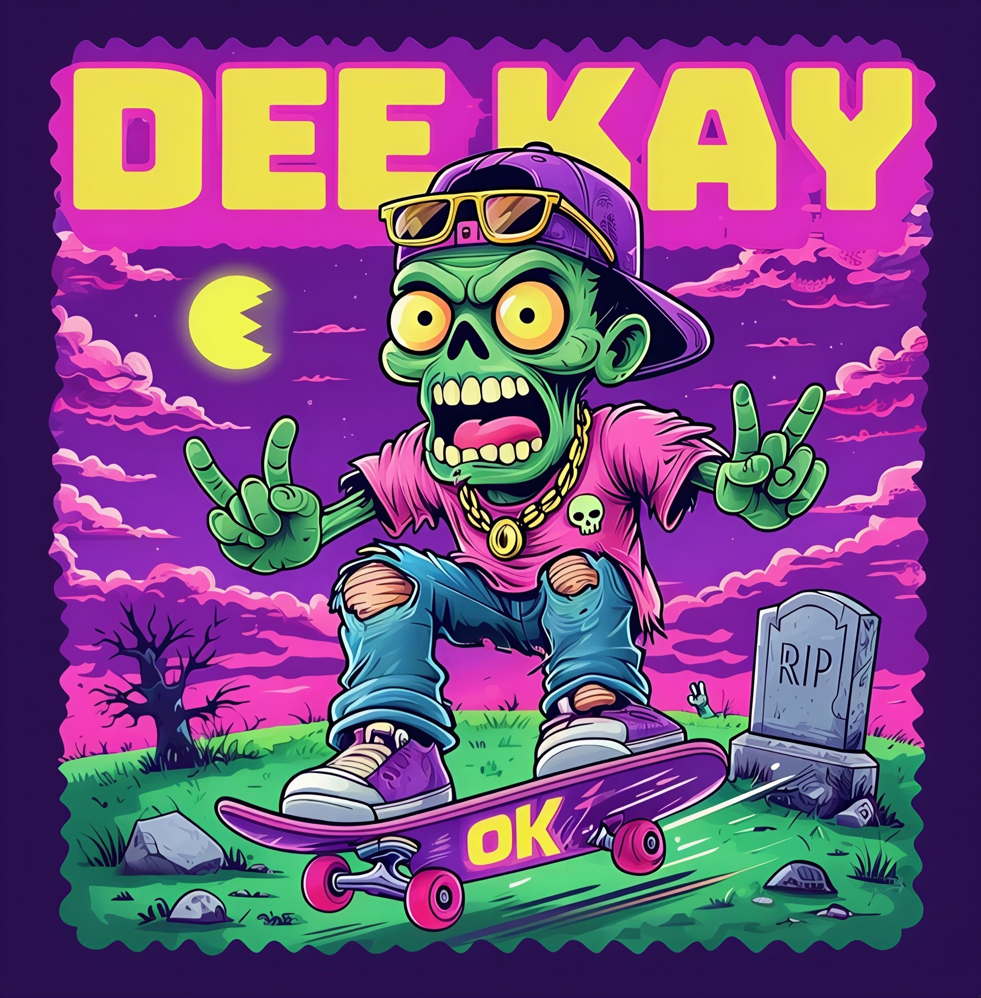 Cartoon Zombie Skateboarding at Night with Moon