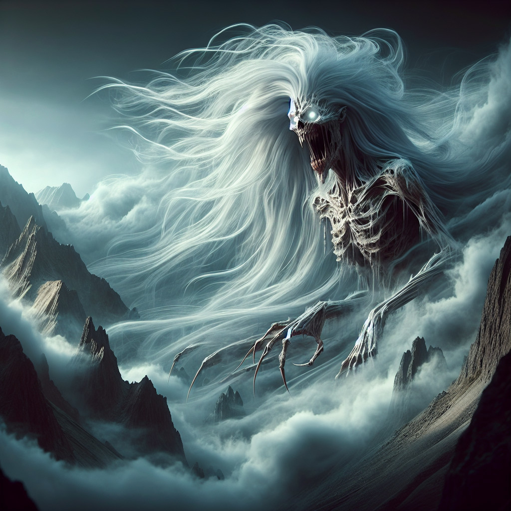 Ethereal Figure in Clouds with Jagged Mountains