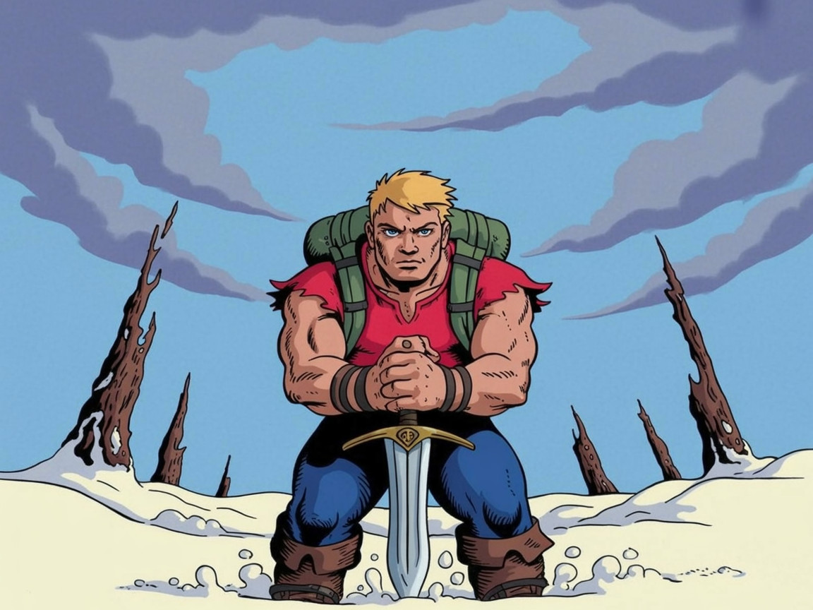 Muscular Hero in Snowy Landscape with Sword