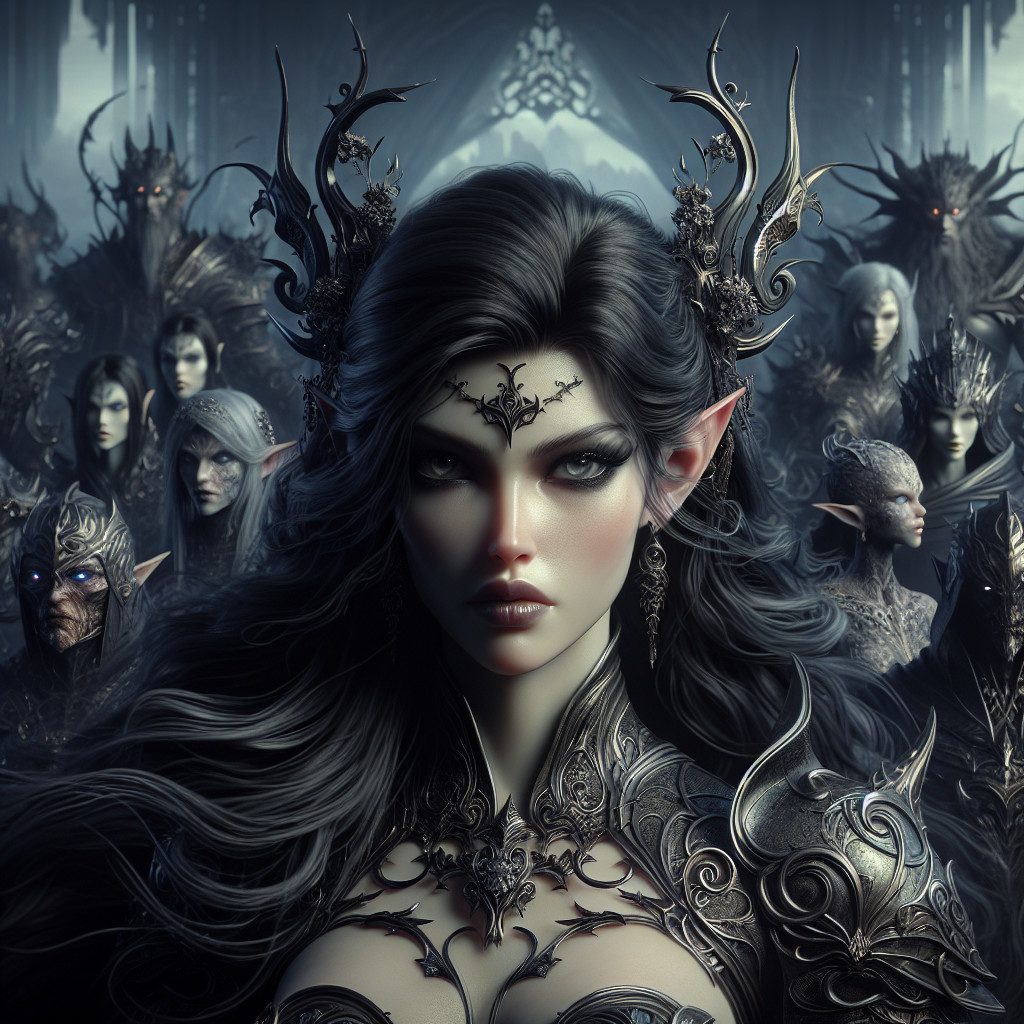 Elven Warrior in Dark Armor with Ethereal Figures