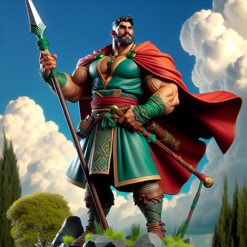 Warrior in Green Attire on Rocky Outcrop with Spear