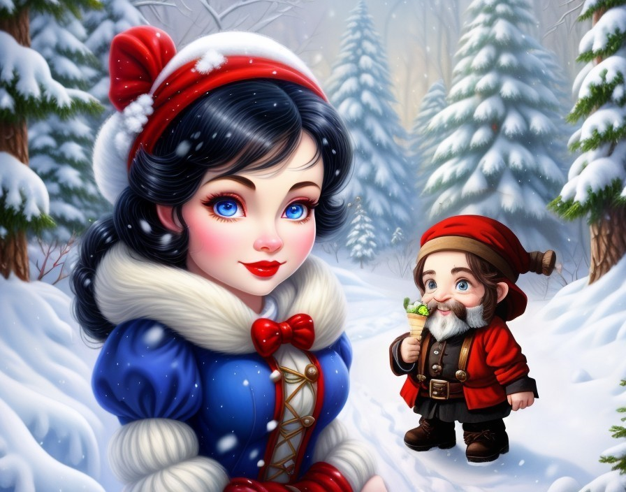 Charming Girl and Gnome in a Snowy Forest Setting