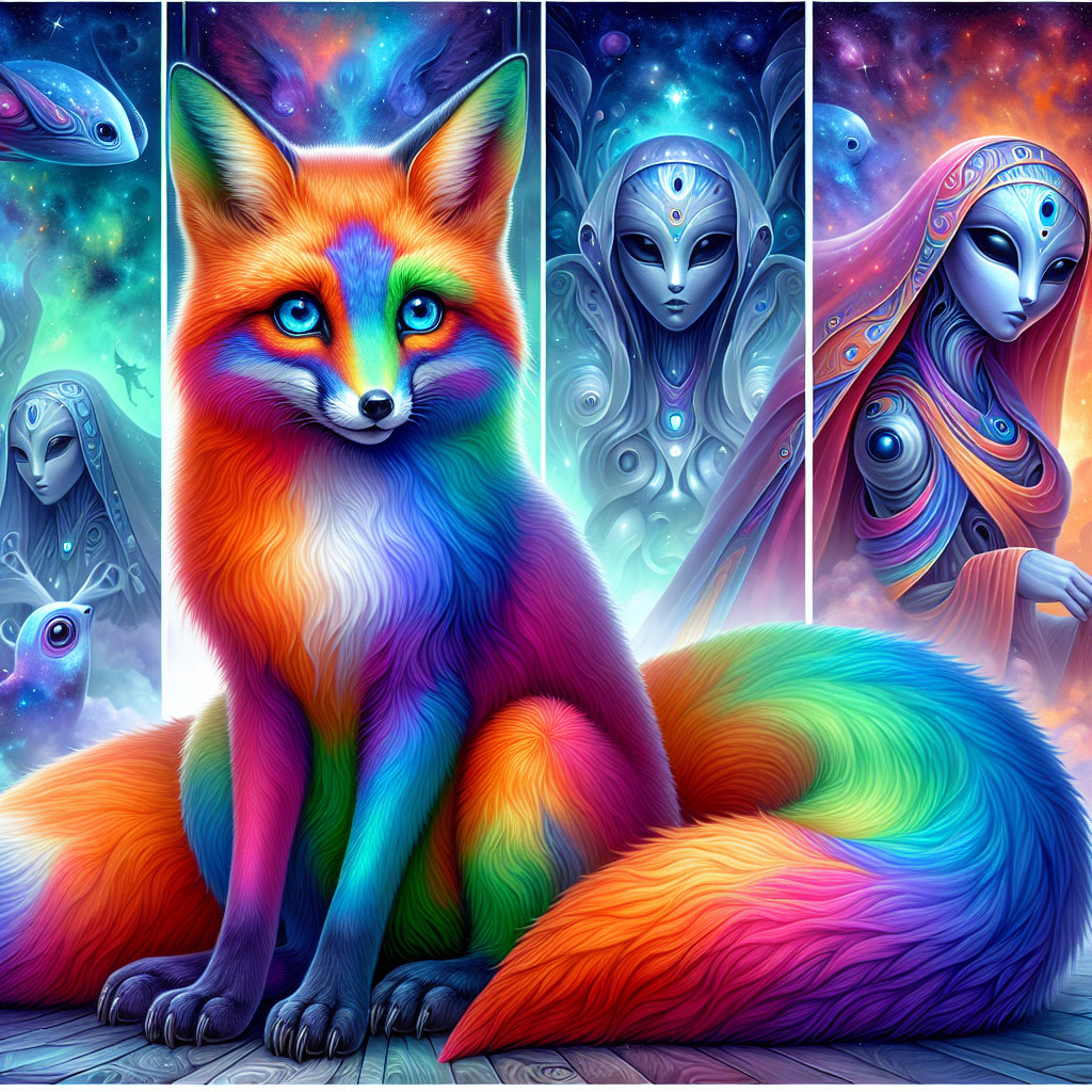 Vibrant Rainbow-Colored Fox with Surreal Alien Figures