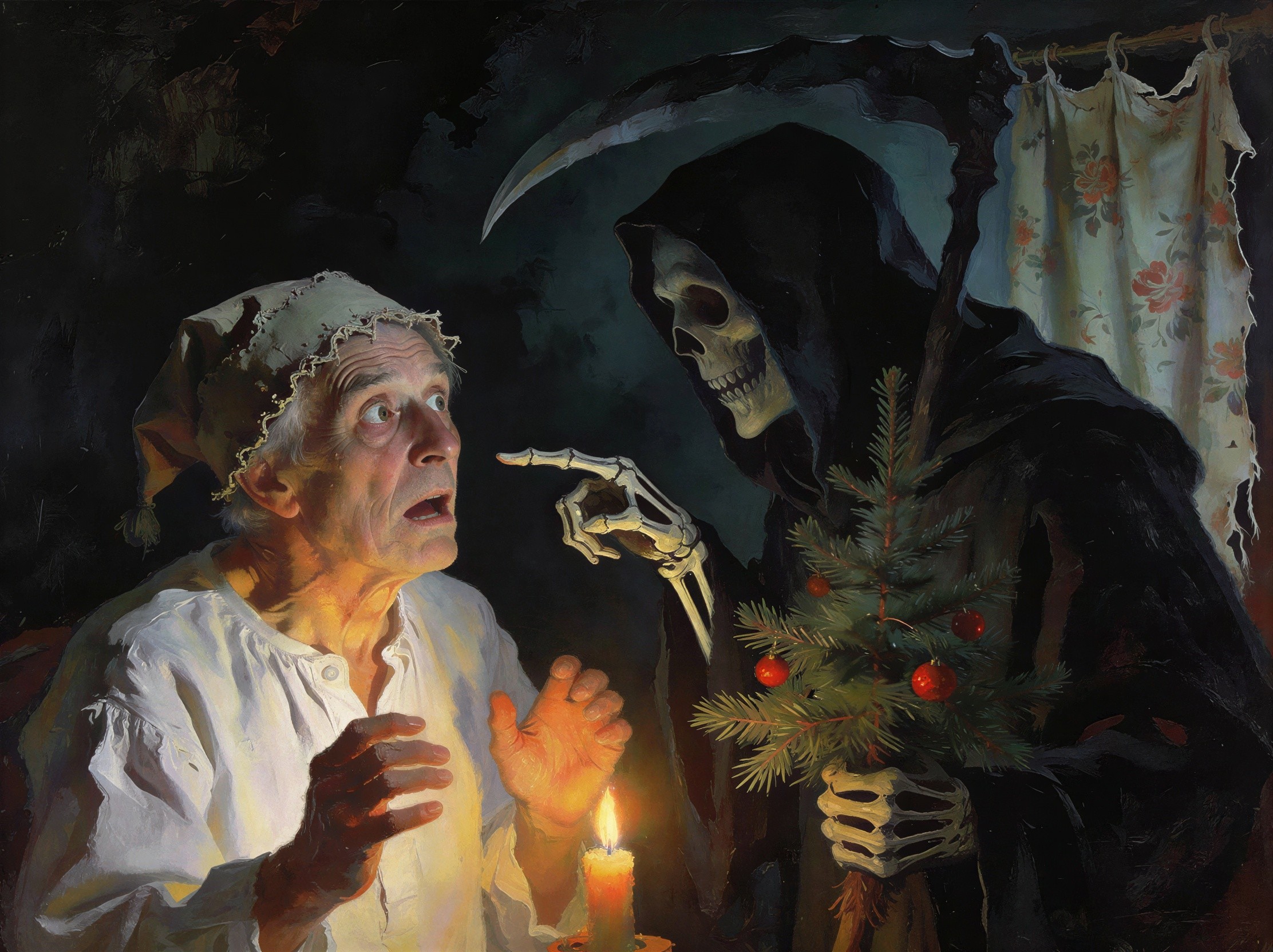 Old Man and Skeleton in Dark Christmas Scene Painting