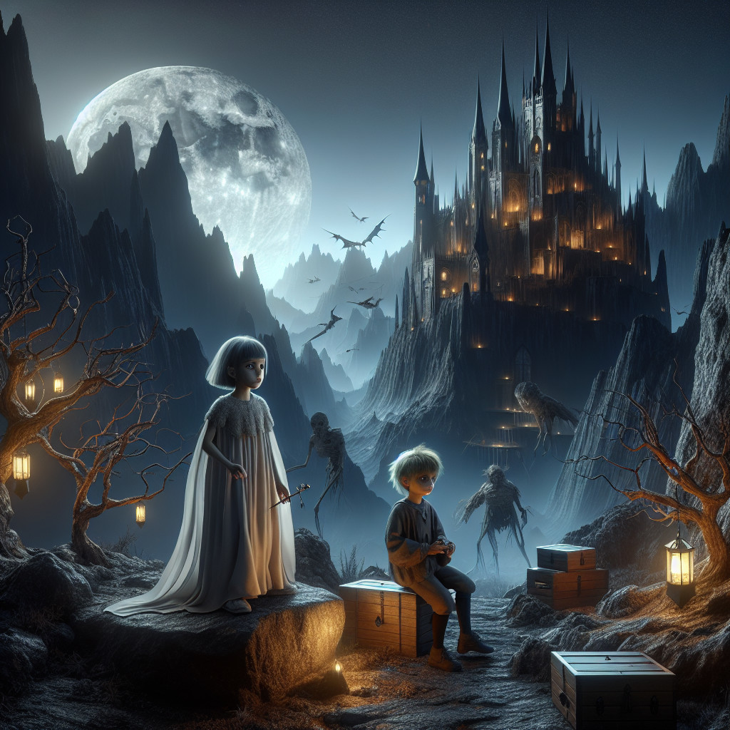 Children in Eerie Landscape with Ghostly Shadows