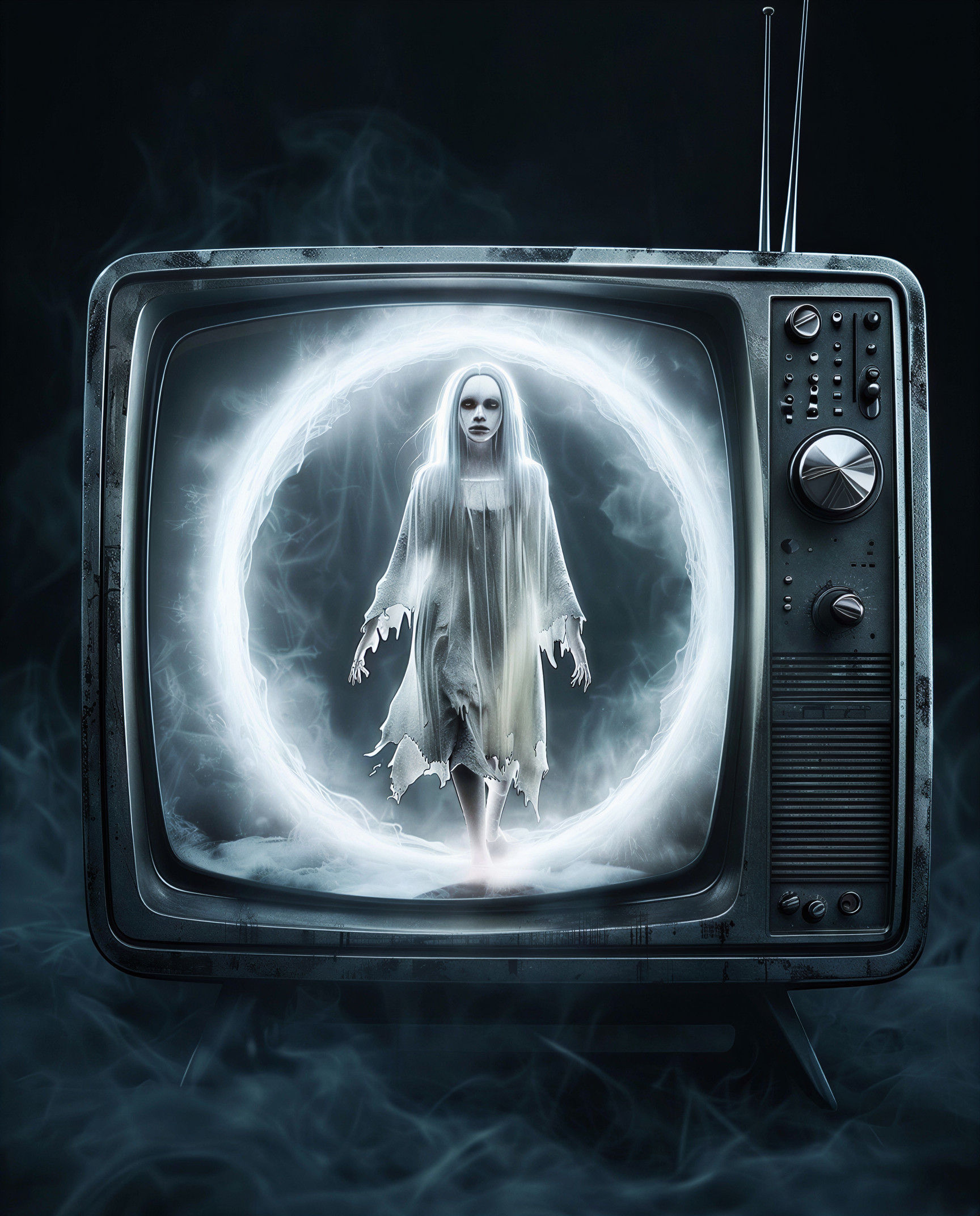Vintage Television with Ghostly Figure and Mist