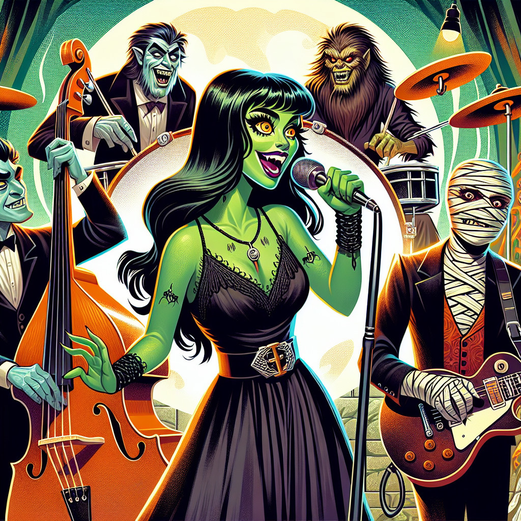 Cartoonish Classic Monsters Performing on Stage