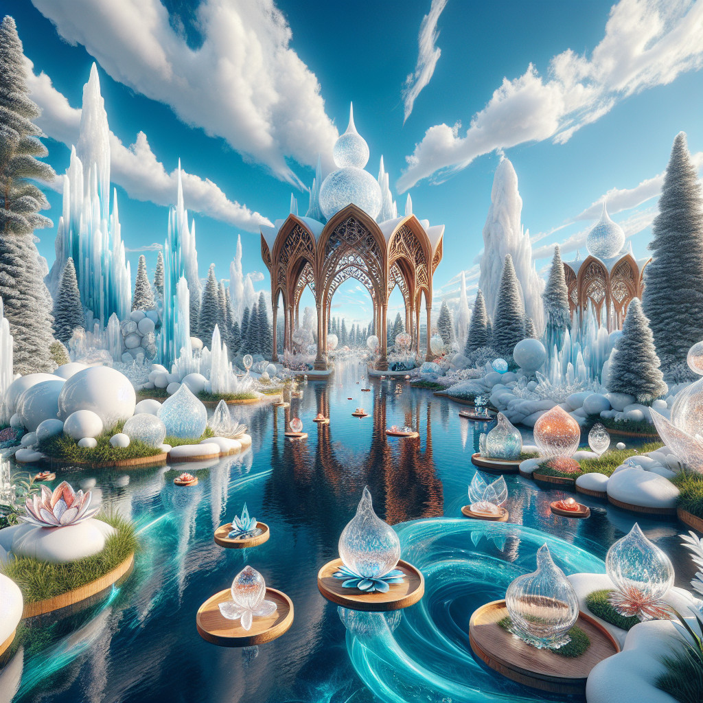Fantasy Landscape with Lake, Ice Structures, and Flora